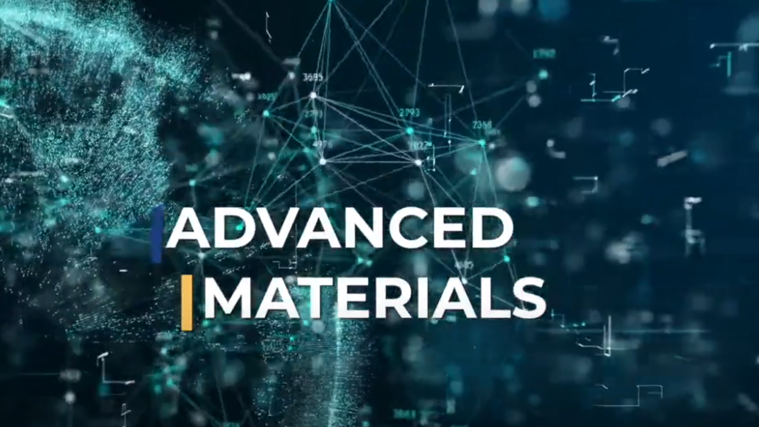 A digital representation with abstract blue and green lines and dots. The bold white text reads "ADVANCED MATERIALS" in the center, surrounded by a network-like pattern on a dark background.