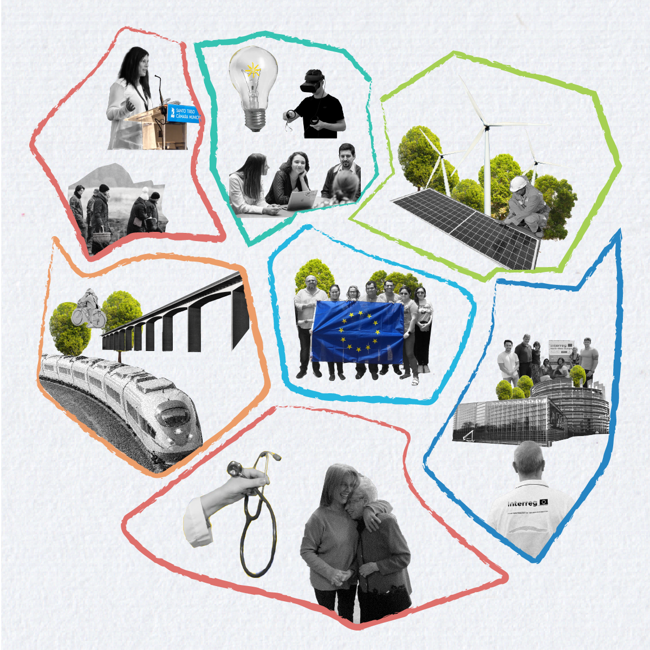 Collage featuring a speaker at a podium, lightbulb, group discussions, solar panels, train, people with an EU flag, wind turbines, and a hug. Highlights innovation and community with environmental and collaborative themes.