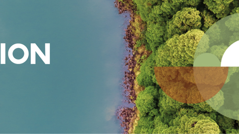 Aerial view of green trees next to blue water, with "Cooperation Day" written in bold white text. Geometric shapes and the Interreg Cooperation Day logo are overlaid on the right side.