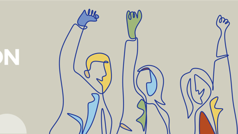 Abstract line drawing of four people with raised arms, celebrating. The text "Cooperation Day" appears on the left, with the "Interreg Cooperation Day" logo in the bottom right corner. The background is light beige with colored shapes.