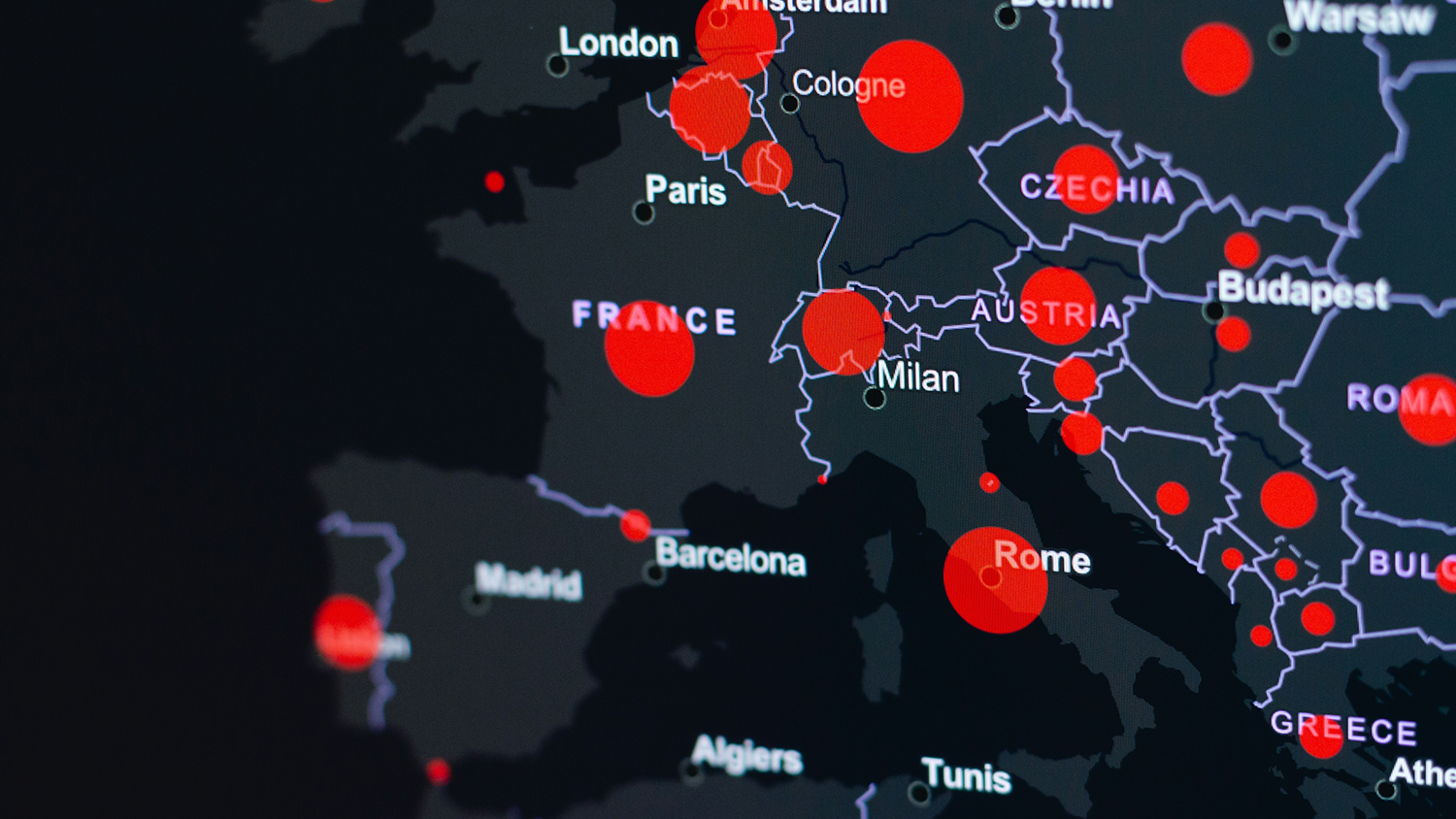 A dark map of Europe highlights cities with red circles, suggesting a data heat map. Major cities like London, Paris, Amsterdam, Rome, and Milan are marked with larger red dots, indicating higher values. Borders and city names are visible.