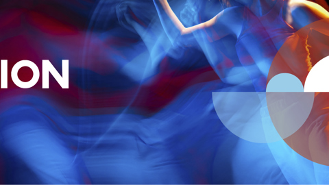 Abstract image with colorful blue and red swirls, two dancing figures, and bold white text reading "Cooperation Day." The Interreg EU Cooperation Day logo is in the bottom right corner. Geometric shapes overlay the scene.