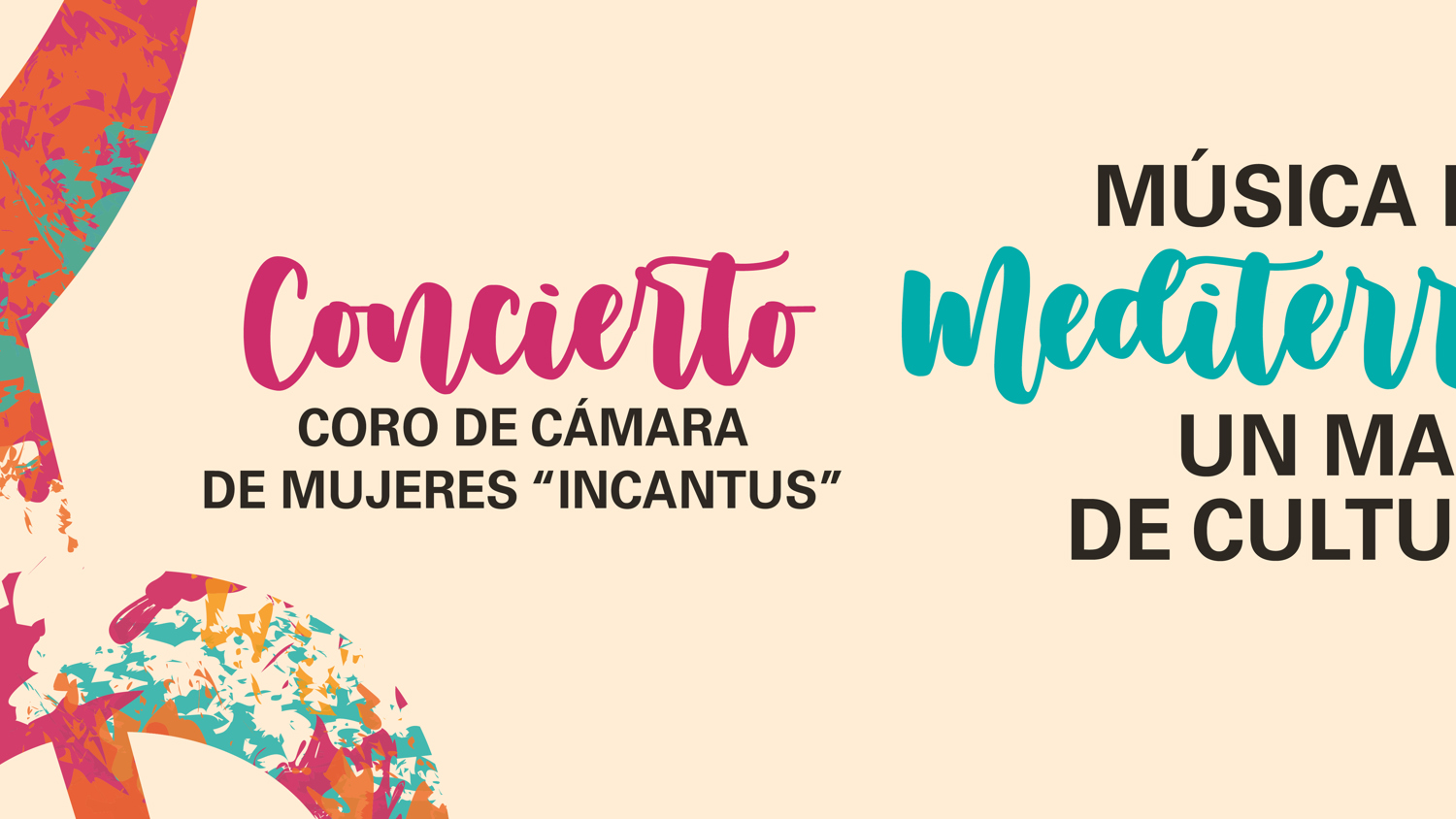 Banner advertising the "Concierto Coro de Cámara de Mujeres 'Incantus'" on September 19, 2024, at 7 PM at IVAM Auditorio. Features "Música del Mediterráneo, Un Mar de Culturas" with bright, abstract shapes and various sponsor logos.
