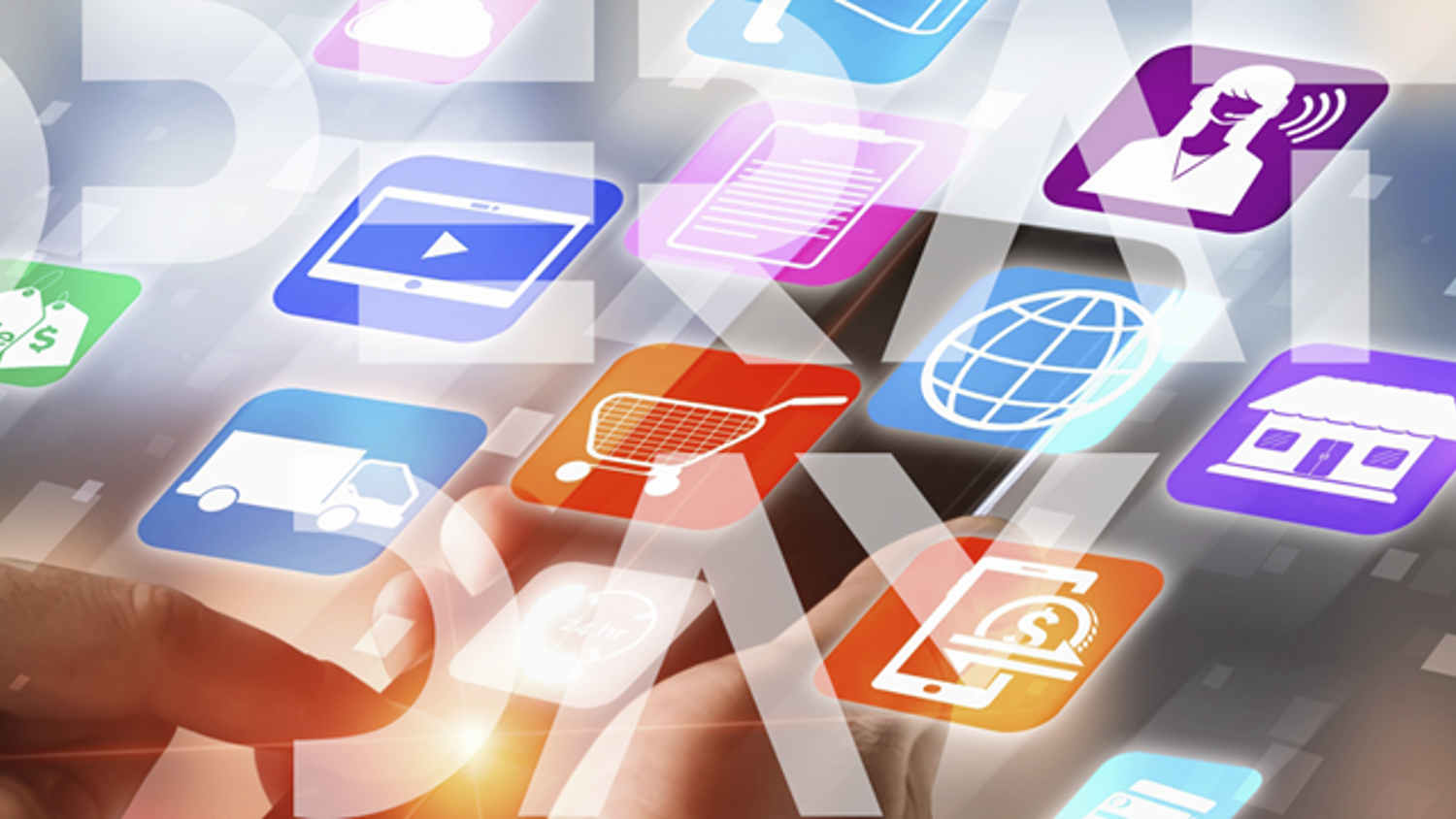 A hand interacts with a transparent touchscreen displaying colorful app icons, including shopping carts, globes, and communication symbols. The word "COOPERATION" overlays the image, emphasizing collaboration and technology.