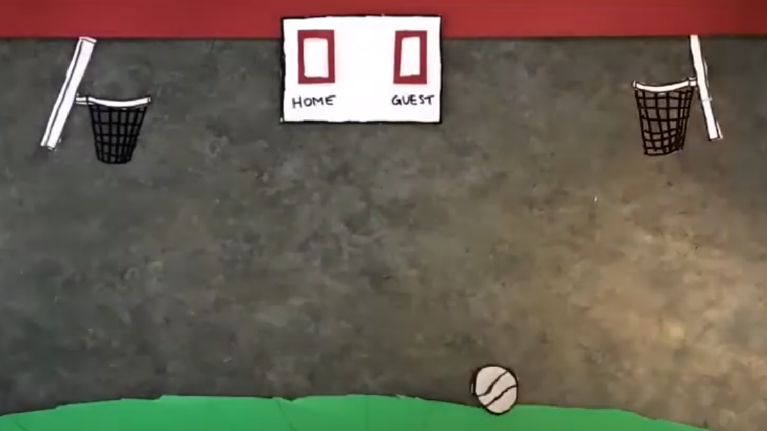 A paper-crafted basketball scene with a scoreboard showing zero for both home and guest teams. Two makeshift paper basketball hoops are on either side, and a paper ball rests on a green court.