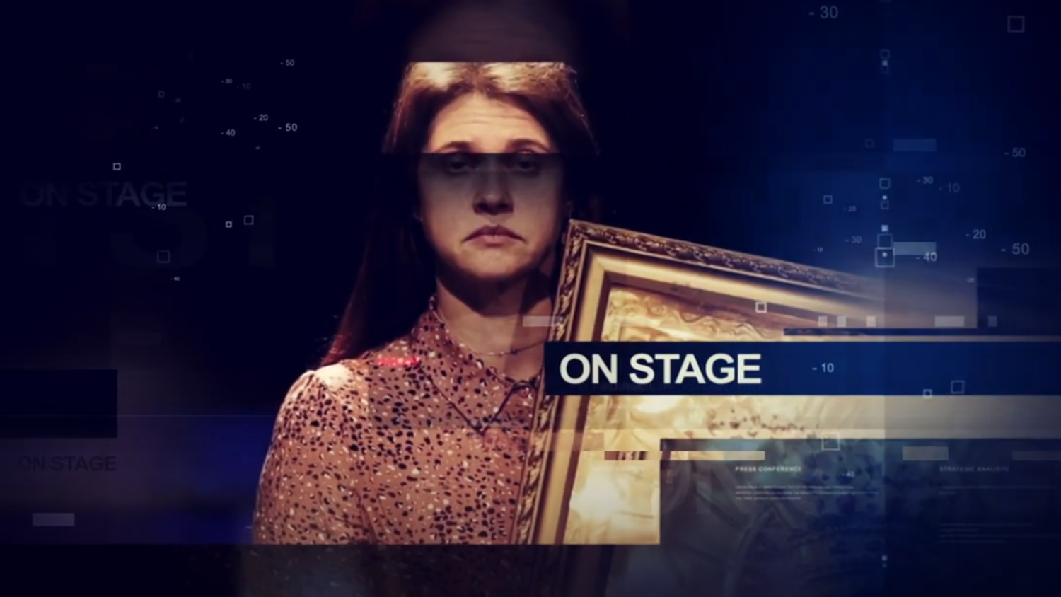 A woman stands holding a framed artwork, partially obscured by digital overlay effects. The words "ON STAGE" are superimposed on the right side. The background is dark with abstract geometric patterns and light spots.