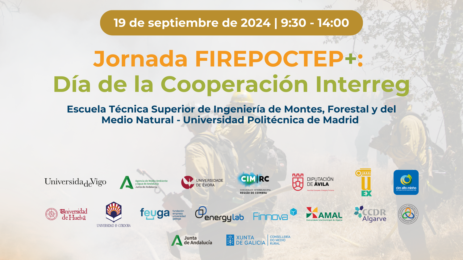 Promotional poster for "Jornada FIREPOCTEP+: Día de la Cooperación Interreg" on September 19, 2024, at Universidad Politécnica de Madrid. Features logos of sponsors and a QR code for more information. Event is from 9:30 to 14:00.