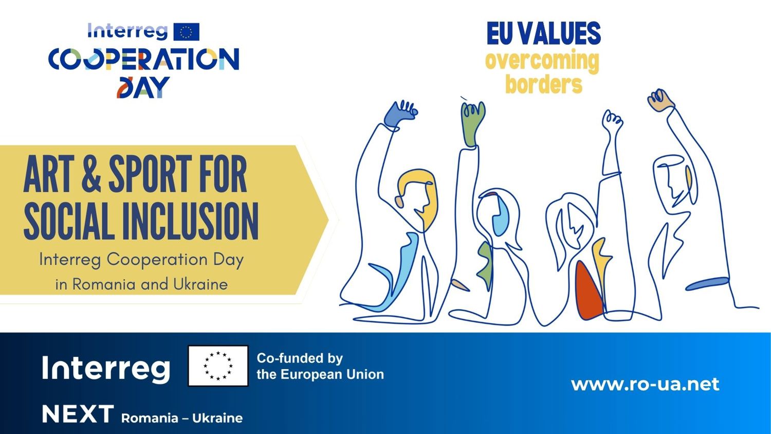 Illustration of people raising arms with text: "Art & Sport for Social Inclusion," "Interreg Cooperation Day in Romania and Ukraine," "EU Values Overcoming Borders." Includes logos and website "www.ro-ua.net" at the bottom.