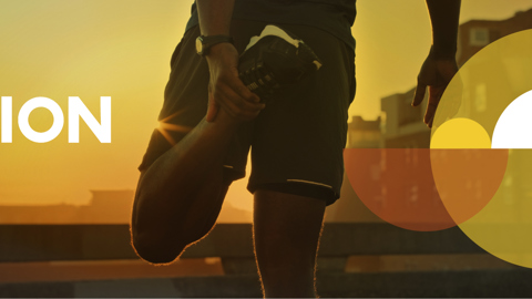 A person stretches their leg at sunrise with city buildings in the background. The text "Cooperation Day" appears in bold white letters, alongside geometric yellow and white shapes and the Interreg Cooperation Day logo.