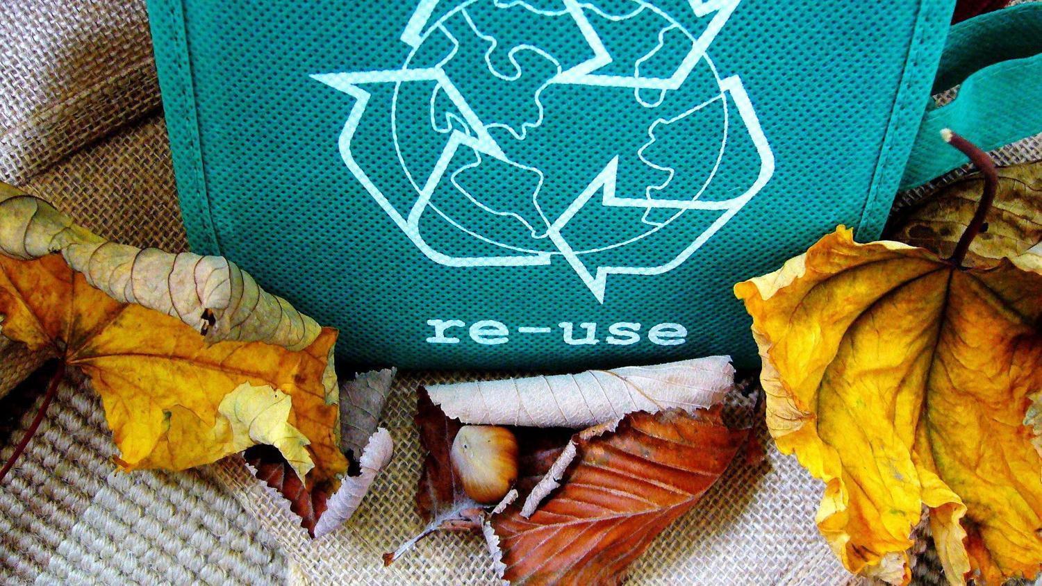 A green bag with a white recycling symbol and the word "re-use" printed on it. The bag is surrounded by autumn leaves on a woven fabric background.