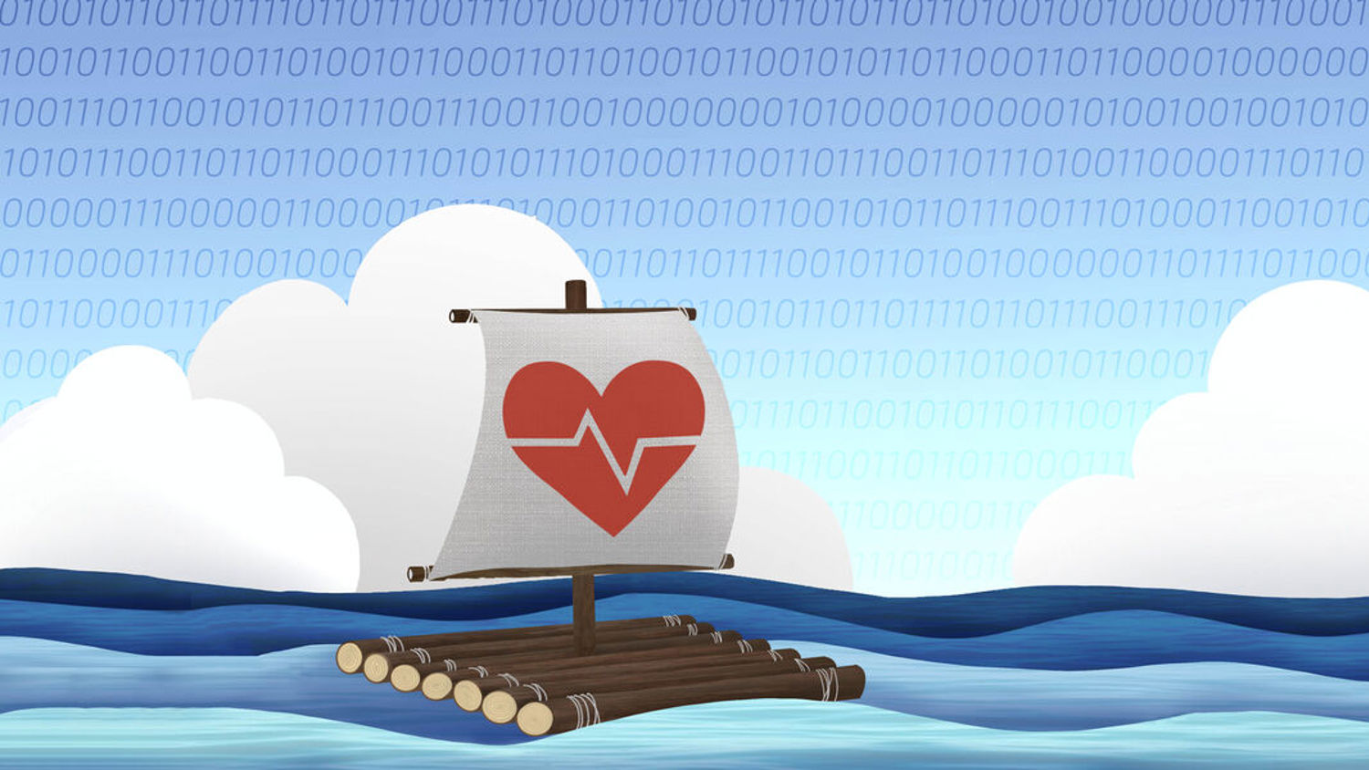 A small wooden raft with a sail displaying a heart and heartbeat line floats on blue waves under a clear sky with clouds and binary code in the background; two birds fly above.