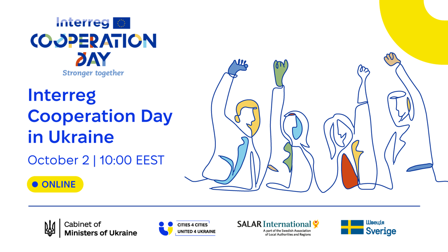 Illustration promoting Interreg Cooperation Day in Ukraine on October 2 at 10:00 EEST. Features stylized people celebrating and logos of supporting organizations, with the event labeled as online.