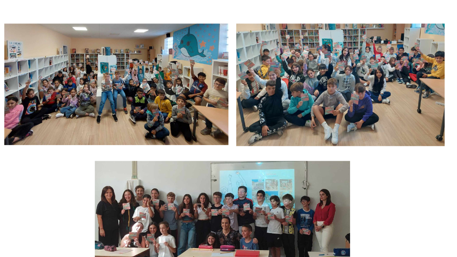 A group of children and adults are posing indoors for two photos, each holding books or pamphlets. The setting appears to be a classroom or library. Logos for Interreg, Eurocidade 2030, Eurodesk, and others are displayed.