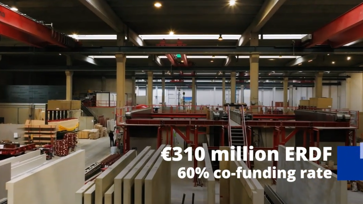 Interior of a large factory with machinery and partition walls. Text on the image reads, "€310 million ERDF, 60% co-funding rate." The space has a high ceiling and industrial lighting.