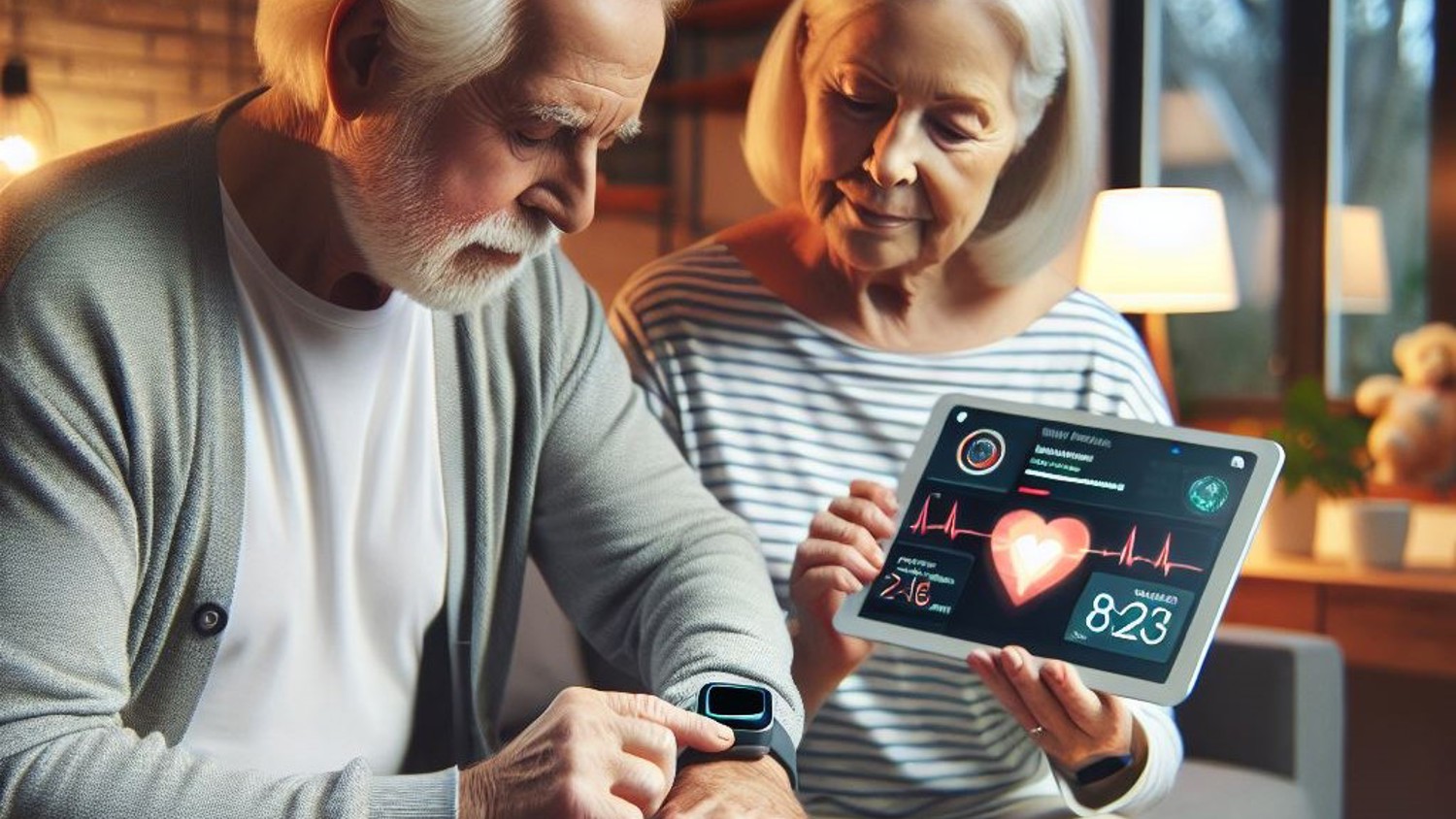 An elderly couple sits on a couch at home. The woman holds a tablet displaying heart rate data, while the man checks his smartwatch. Both appear focused on monitoring health information.