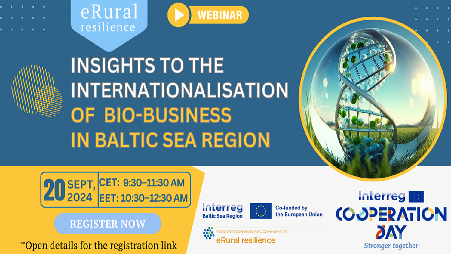 Webinar announcement for "Insights to the Internationalisation of Bio-Business in Baltic Sea Region," scheduled for September 20, 2024, from 9:30-11:30 AM CET/10:30-12:30 AM EET. Organized by Interreg Baltic Sea Region and eRural resilience.