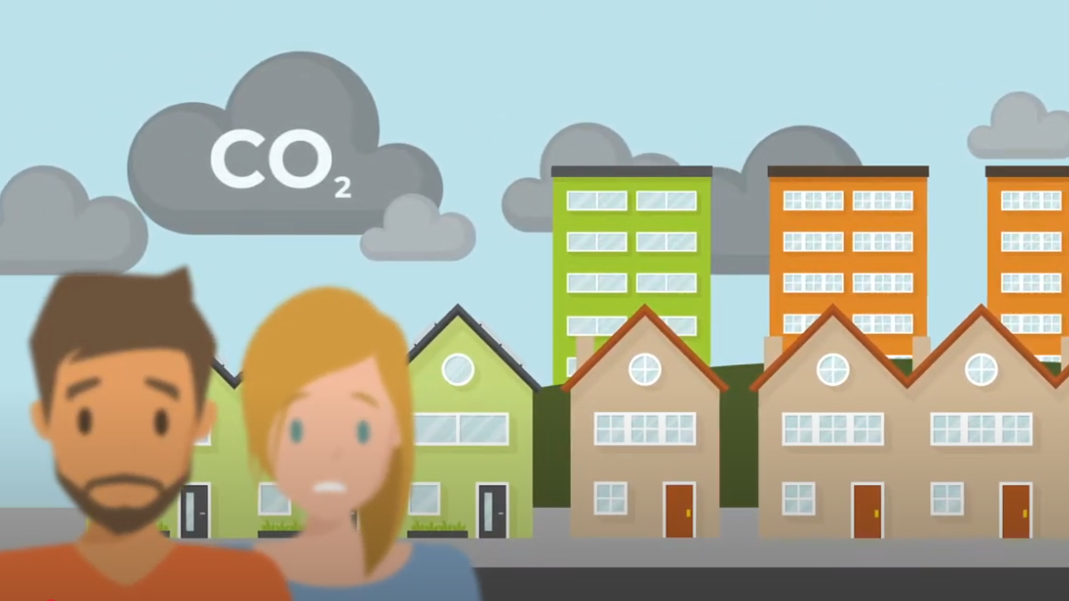 Illustration of a man and woman with worried expressions in front of houses and apartment buildings. Gray clouds labeled "CO2" hover above, indicating air pollution concerns.