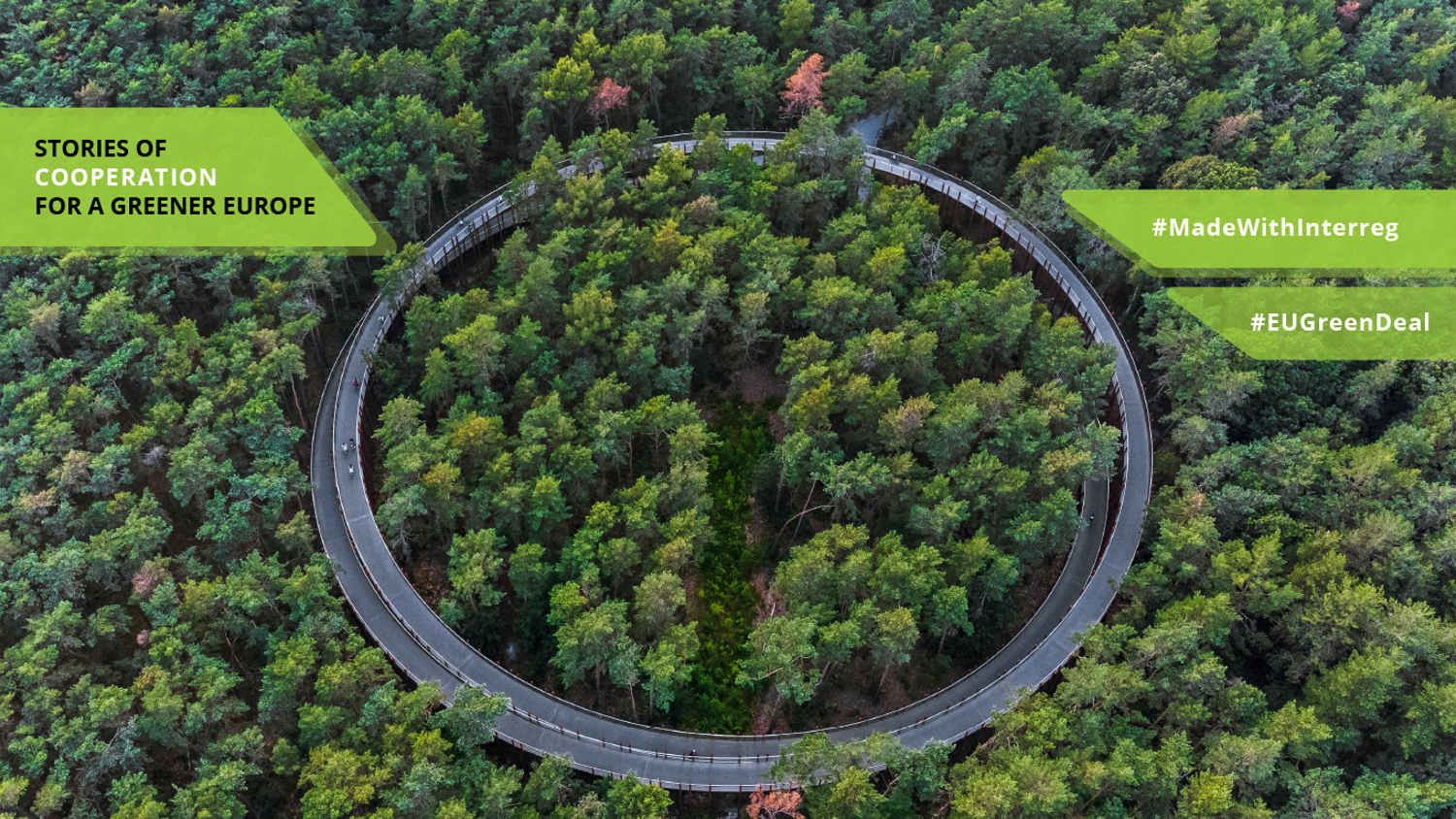 Aerial view of a circular cycle path surrounded by dense green forest. Text on the image reads "Stories of Cooperation for a Greener Europe" and hashtags #MadeWithInterreg and #EUGreenDeal are visible.