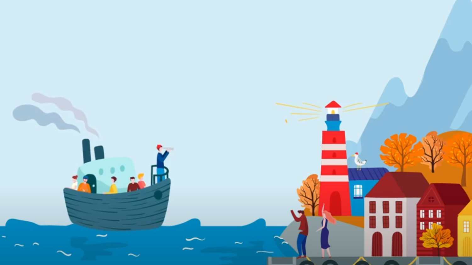 Illustration of a boat with passengers on a body of water. To the right, a colorful town with a lighthouse, houses, and autumn trees sits at the base of blue mountains. People are standing near the water's edge.